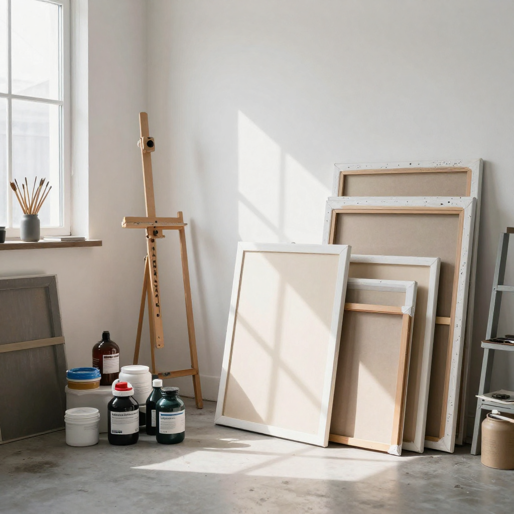 Professional art studio with painting supplies and natural lighting