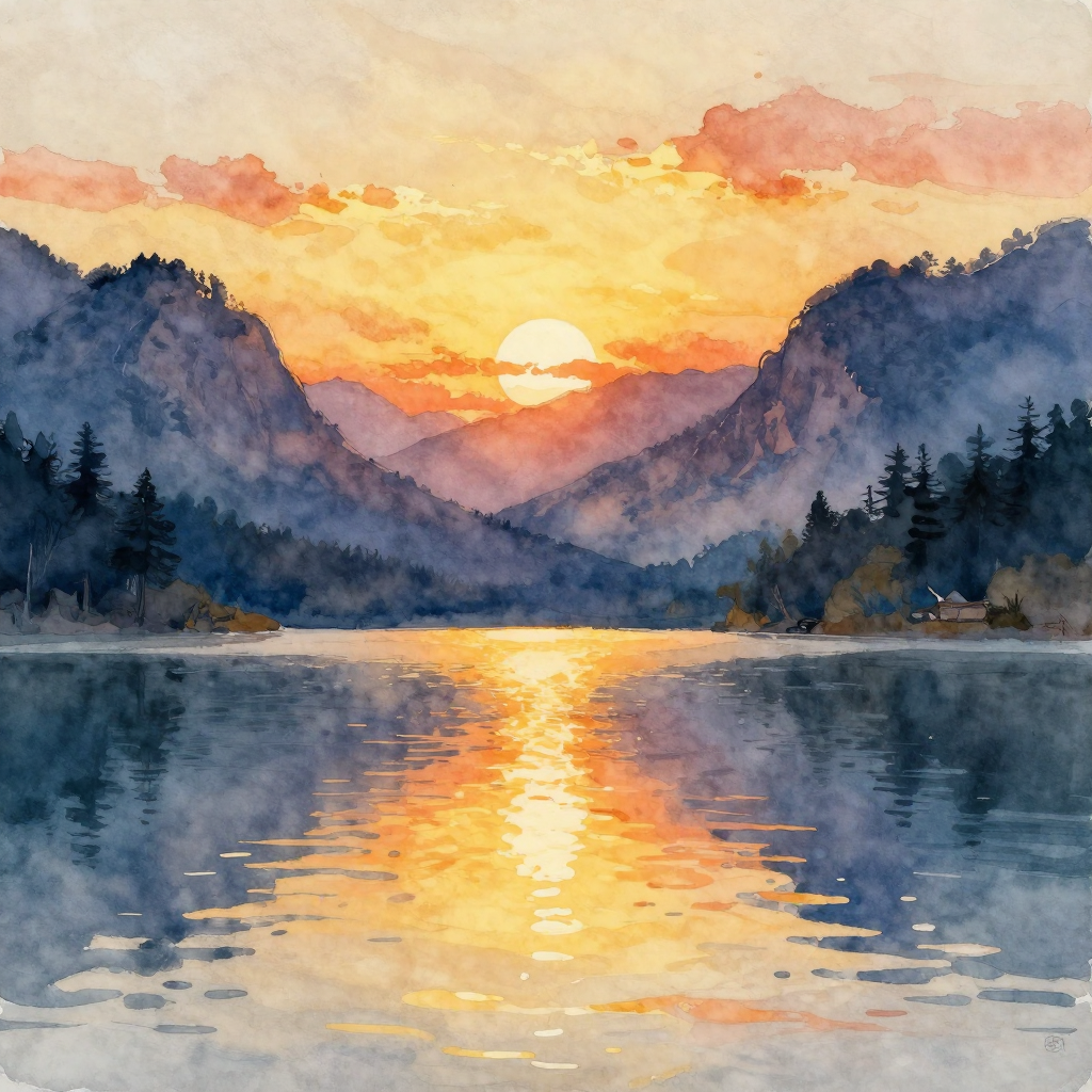 Vibrant watercolor landscape painting with mountains and lake